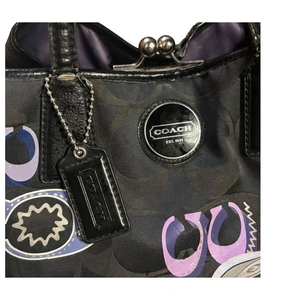 Coach Optic C Signature C Applique Poppy Glam Kisslock Tote Bag Black Purple - Picture 4 of 11